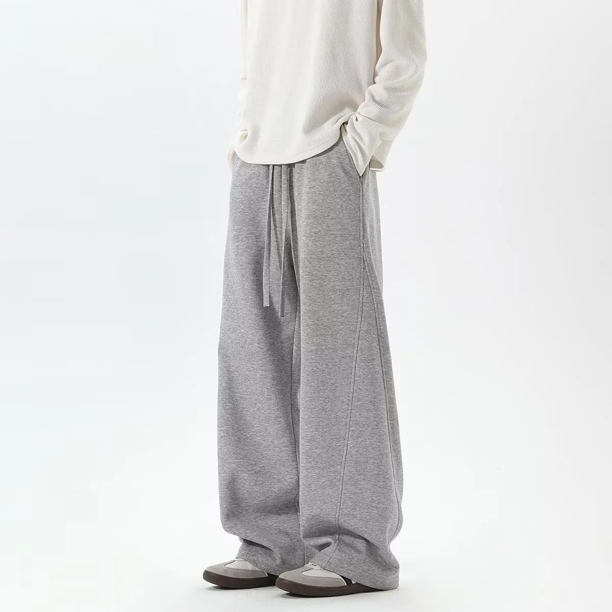 Men's Heavyweight Curved Hem Sweatpants - American Style Autumn Trendy Spliced Wide-Leg Sports Pants - Retro Drape Versatile Casual Trousers for Men thumbnail 7