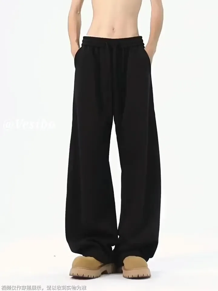 Men's Heavyweight Curved Hem Sweatpants - American Style Autumn Trendy Spliced Wide-Leg Sports Pants - Retro Drape Versatile Casual Trousers for Men showcase 2