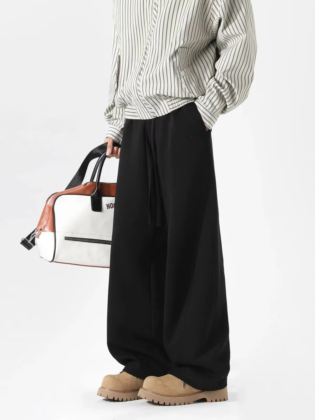 Men's Heavyweight Curved Hem Sweatpants - American Style Autumn Trendy Spliced Wide-Leg Sports Pants - Retro Drape Versatile Casual Trousers for Men showcase 6
