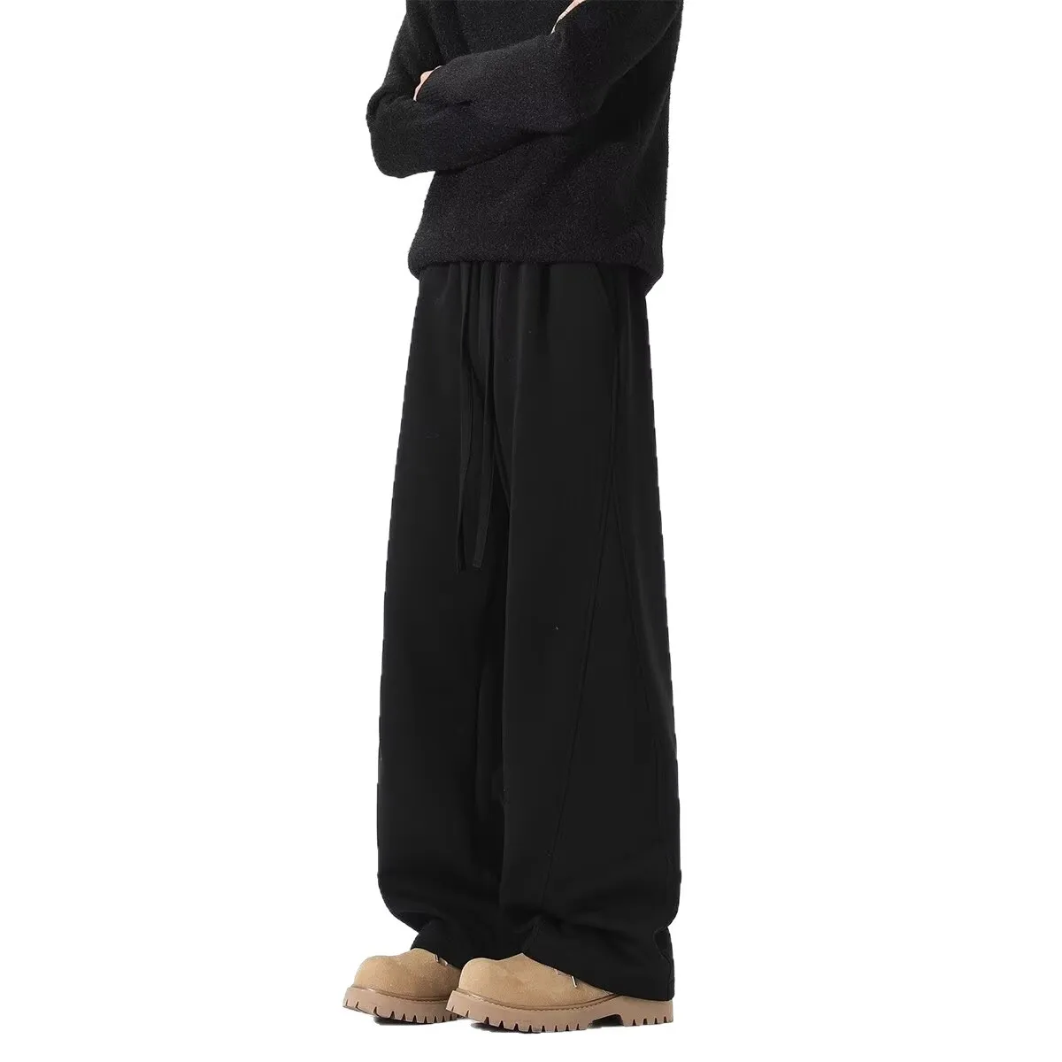Men's Heavyweight Curved Hem Sweatpants - American Style Autumn Trendy Spliced Wide-Leg Sports Pants - Retro Drape Versatile Casual Trousers for Men thumbnail 5