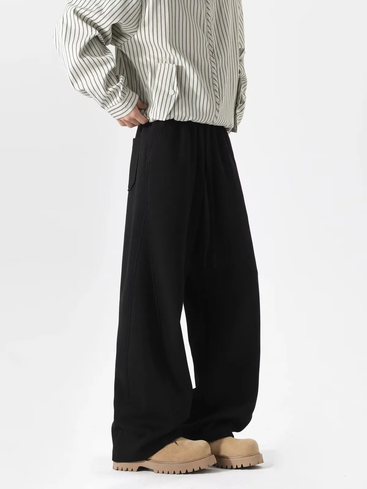 Men's Heavyweight Curved Hem Sweatpants - American Style Autumn Trendy Spliced Wide-Leg Sports Pants - Retro Drape Versatile Casual Trousers for Men showcase 11