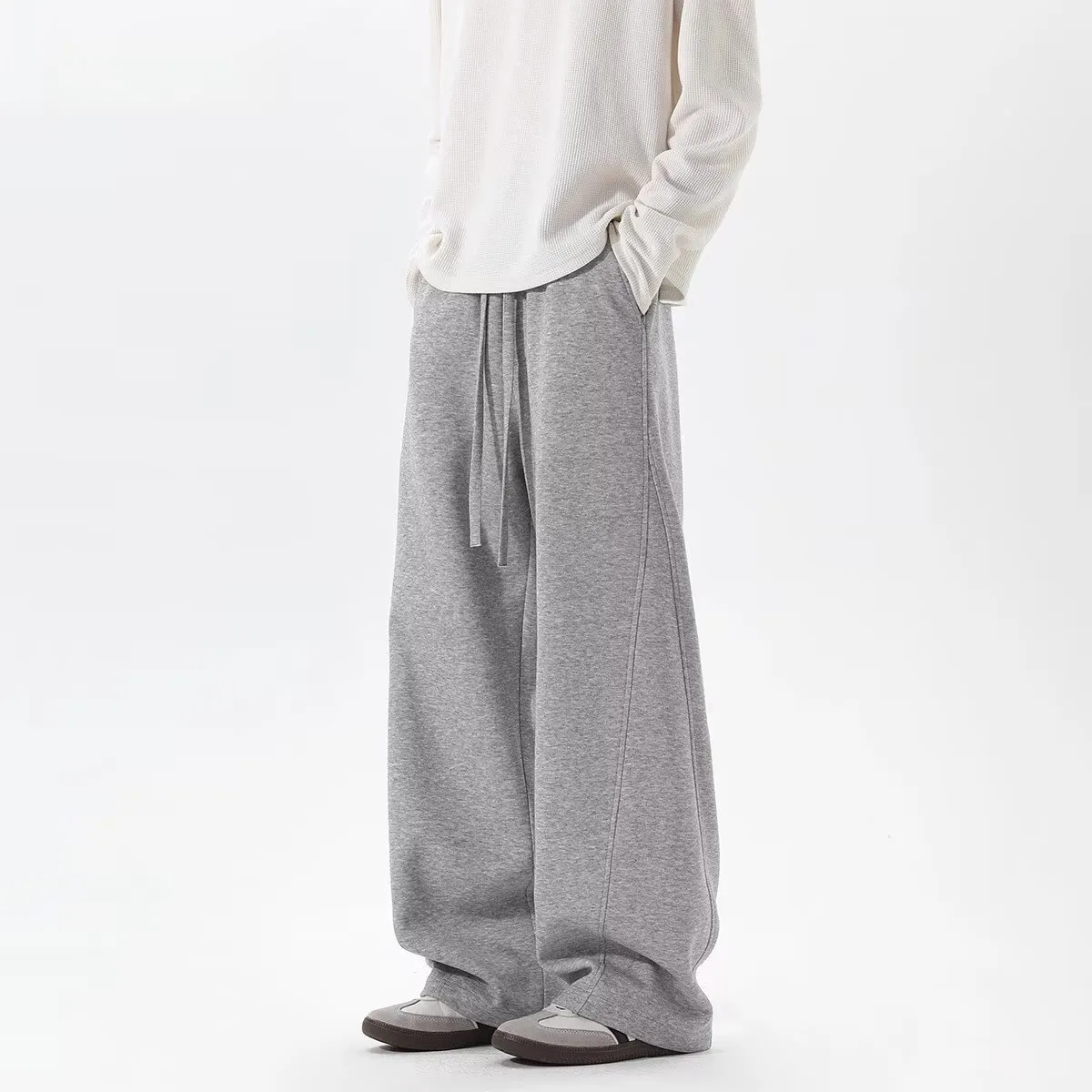 Men's Heavyweight Curved Hem Sweatpants - American Style Autumn Trendy Spliced Wide-Leg Sports Pants - Retro Drape Versatile Casual Trousers for Men thumbnail 1