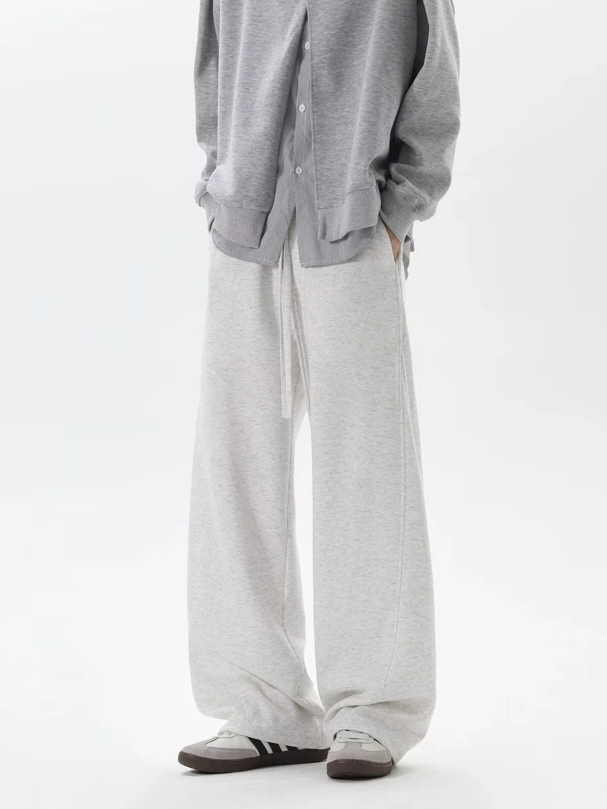 Men's Heavyweight Curved Hem Sweatpants - American Style Autumn Trendy Spliced Wide-Leg Sports Pants - Retro Drape Versatile Casual Trousers for Men showcase 19