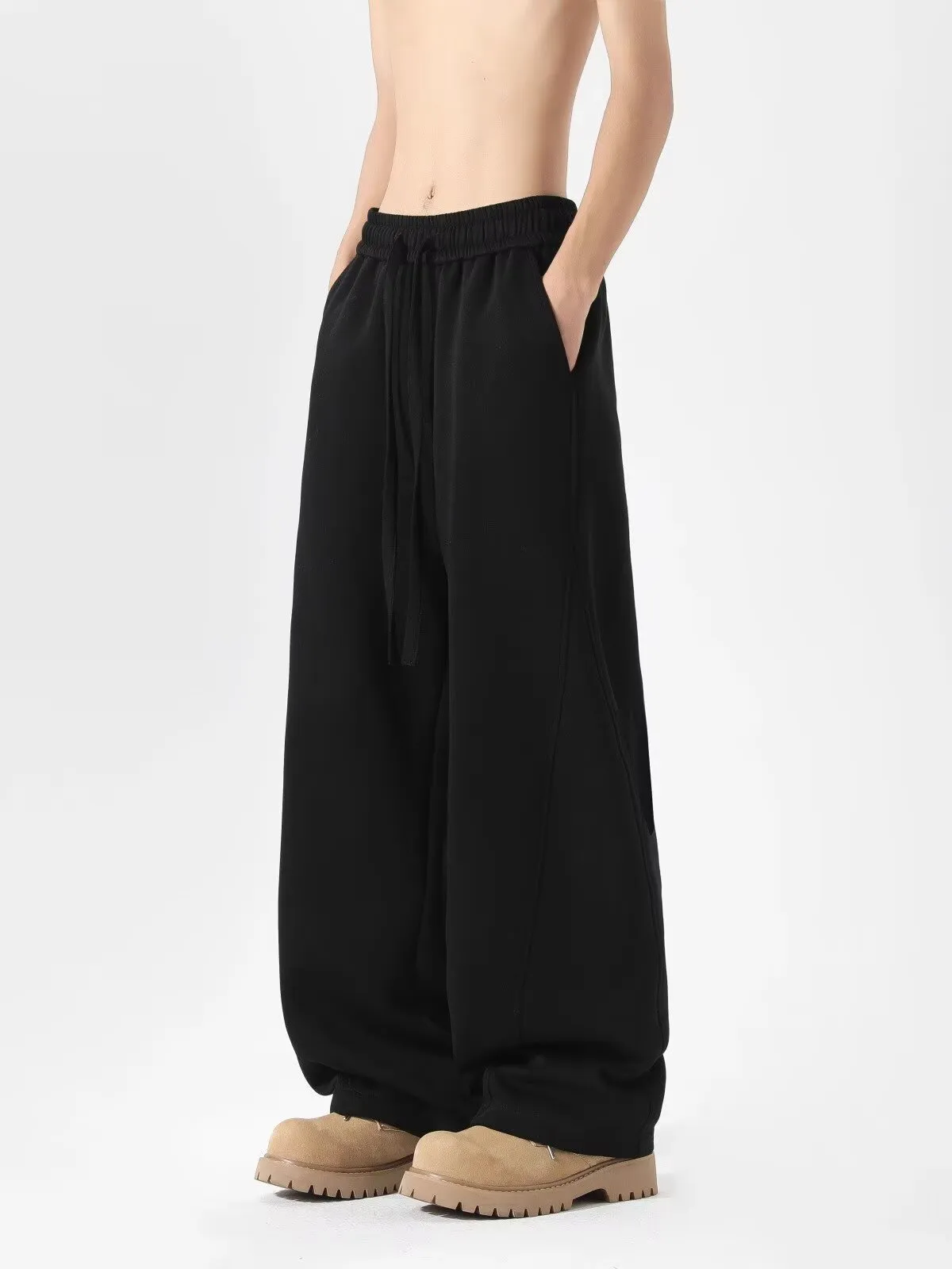 Men's Heavyweight Curved Hem Sweatpants - American Style Autumn Trendy Spliced Wide-Leg Sports Pants - Retro Drape Versatile Casual Trousers for Men showcase 13