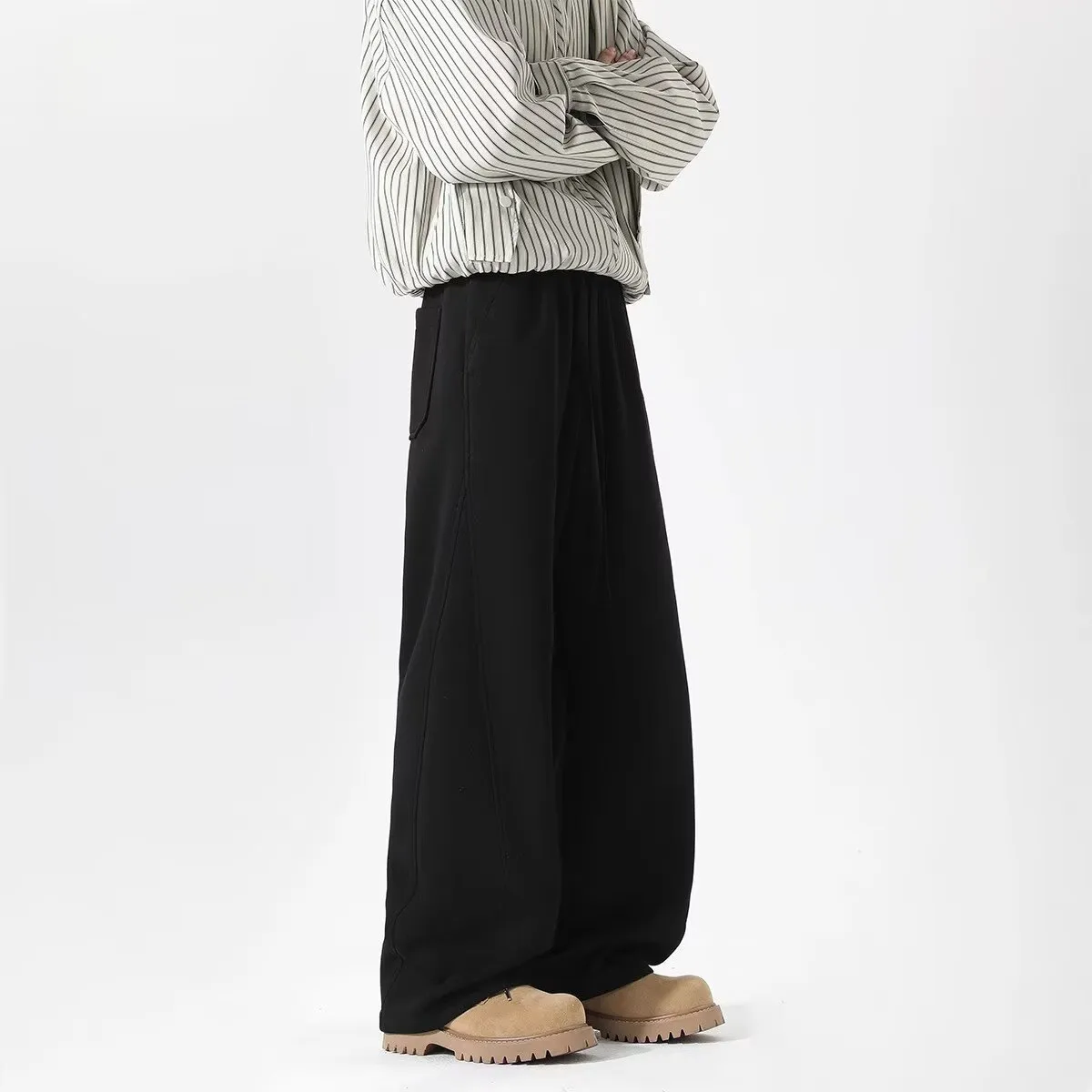 Men's Heavyweight Curved Hem Sweatpants - American Style Autumn Trendy Spliced Wide-Leg Sports Pants - Retro Drape Versatile Casual Trousers for Men thumbnail 3
