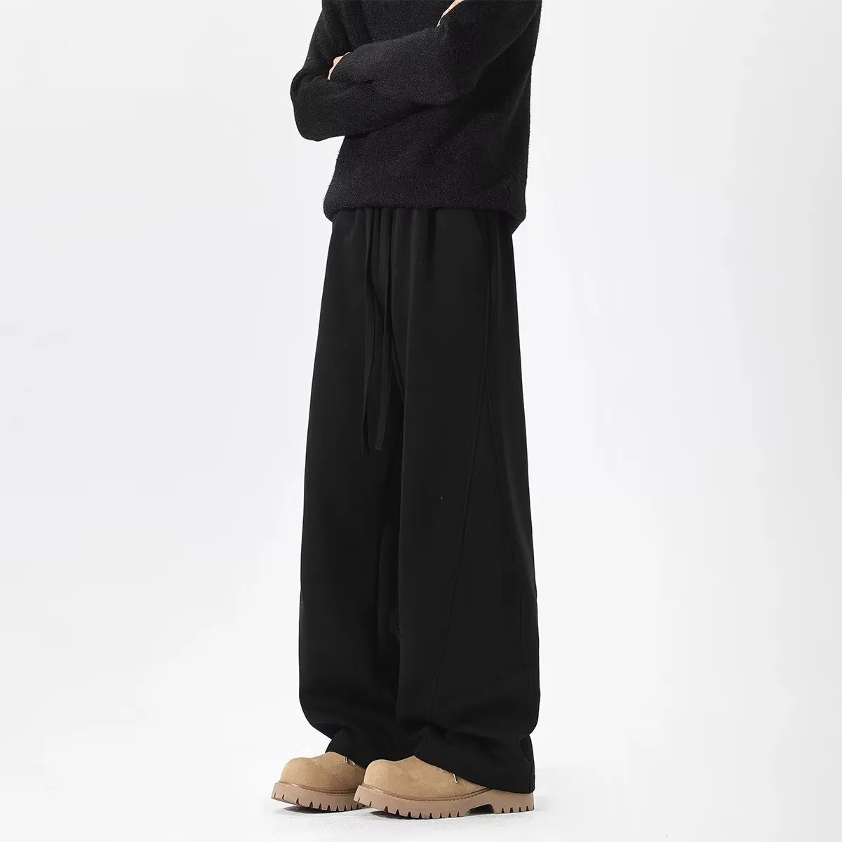 Men's Heavyweight Curved Hem Sweatpants - American Style Autumn Trendy Spliced Wide-Leg Sports Pants - Retro Drape Versatile Casual Trousers for Men thumbnail 2