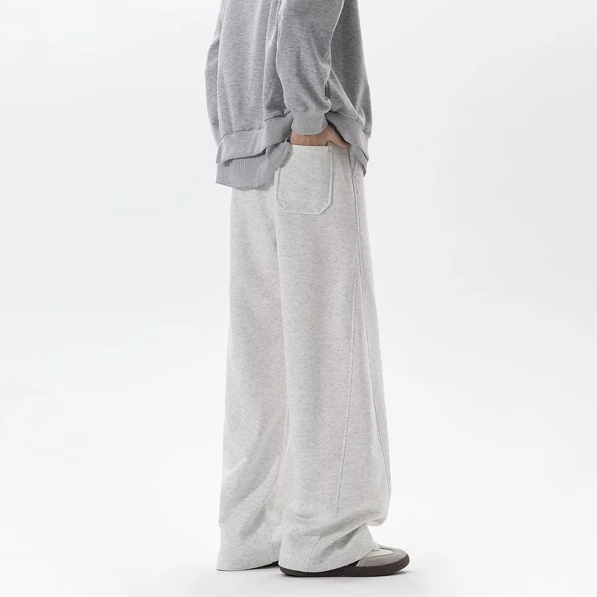 Men's Heavyweight Curved Hem Sweatpants - American Style Autumn Trendy Spliced Wide-Leg Sports Pants - Retro Drape Versatile Casual Trousers for Men thumbnail 4