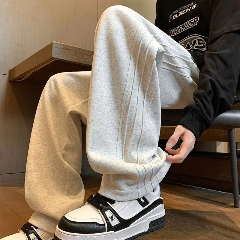Men's Fleece Sweatpants - Autumn Winter Heavyweight Wide Leg Sports Pants, Loose Fit Straight Casual Trousers for Men thumbnail 7