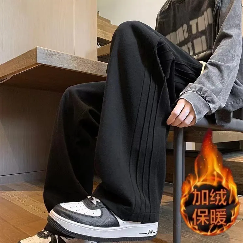 Men's Fleece Sweatpants - Autumn Winter Heavyweight Wide Leg Sports Pants, Loose Fit Straight Casual Trousers for Men thumbnail 8
