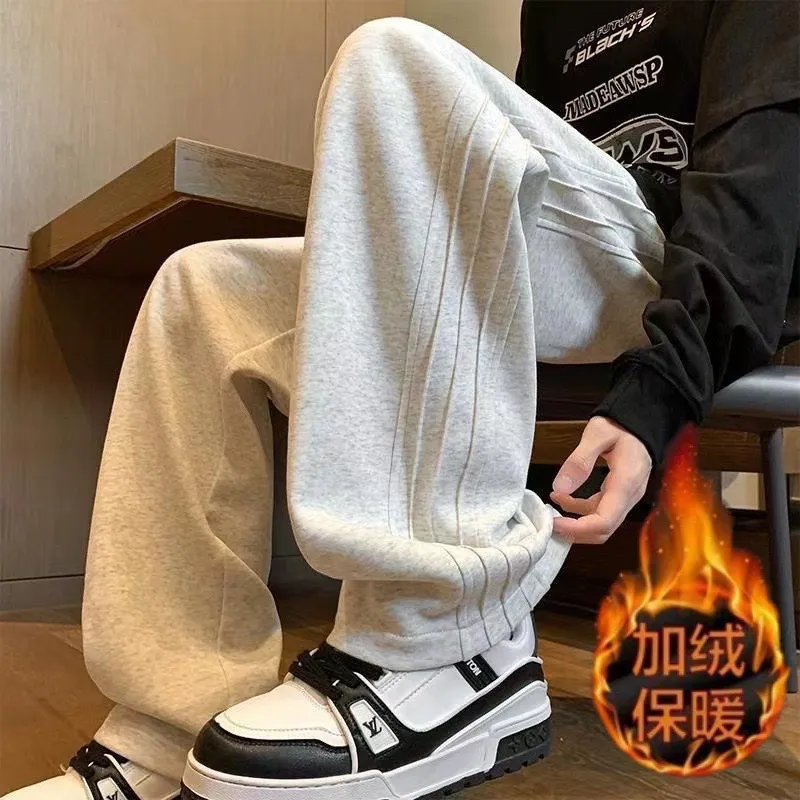 Men's Fleece Sweatpants - Autumn Winter Heavyweight Wide Leg Sports Pants, Loose Fit Straight Casual Trousers for Men thumbnail 6
