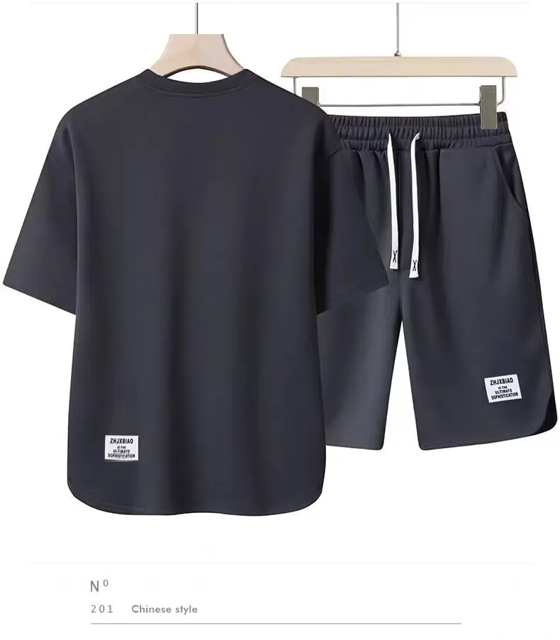 Men's Summer Casual Sports Suit Set - Loose Fit Crewneck T-Shirt and Shorts - Fashionable Two-Piece Outfit for Youth showcase 12