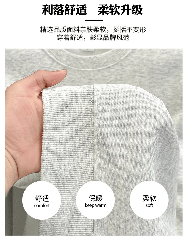 Men's Embroidered Sweatshirt Heavyweight 380g Cotton Blend Crew Neck Long Sleeve Pullover Casual Spring Fashion Top for Men showcase 7