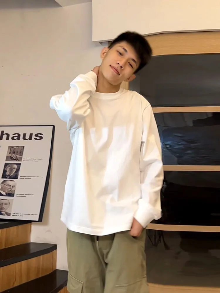 Men's Long Sleeve T-Shirt Heavyweight Cotton Crew Neck Undershirt Casual Solid Color Top for Spring Fall - Comfortable Basic Tee for Everyday Wear showcase 8