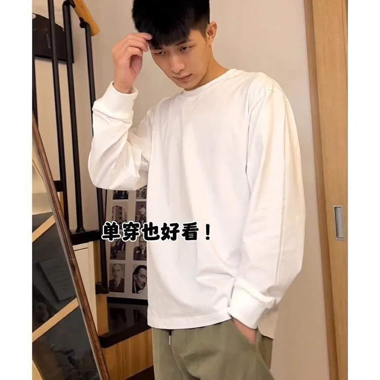 Men's Long Sleeve T-Shirt Heavyweight Cotton Crew Neck Undershirt Casual Solid Color Top for Spring Fall - Comfortable Basic Tee for Everyday Wear showcase 6