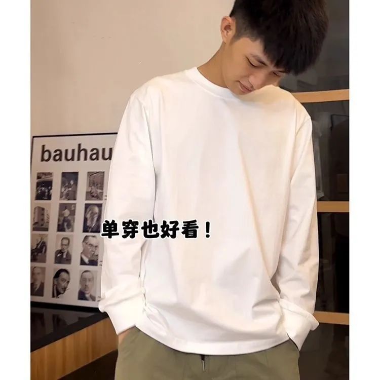 Men's Long Sleeve T-Shirt Heavyweight Cotton Crew Neck Undershirt Casual Solid Color Top for Spring Fall - Comfortable Basic Tee for Everyday Wear showcase 4