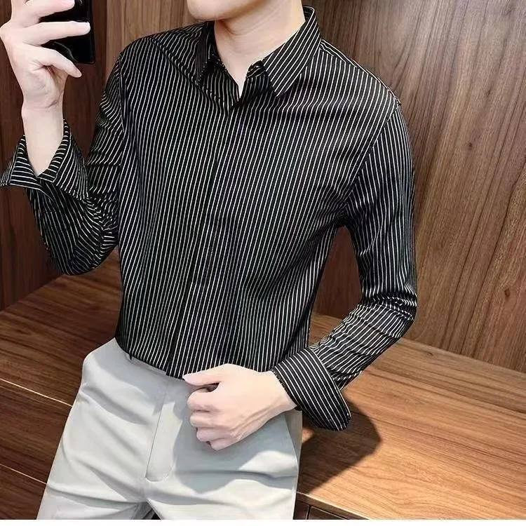 Men's Striped Long Sleeve Shirt 2025 Trendy Brand Loose Fit Korean Style Casual Plaid Shirt Wholesale Middle Aged Men Fashion thumbnail 2