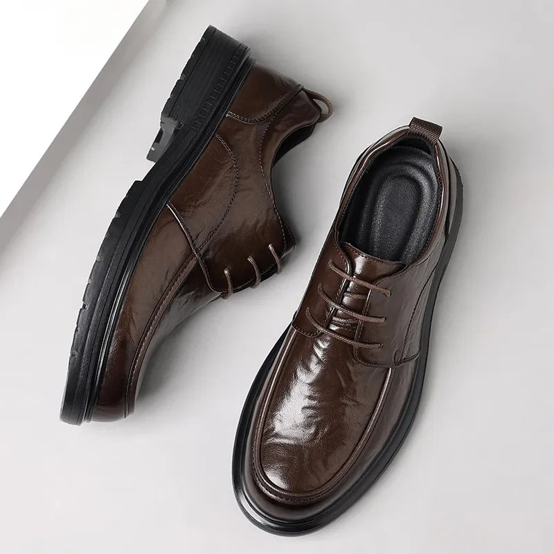 Men's Genuine Leather Dress Shoes - New Popular Style Lace-Up Formal Business Wedding Shoes - Versatile Casual Comfort thumbnail 6