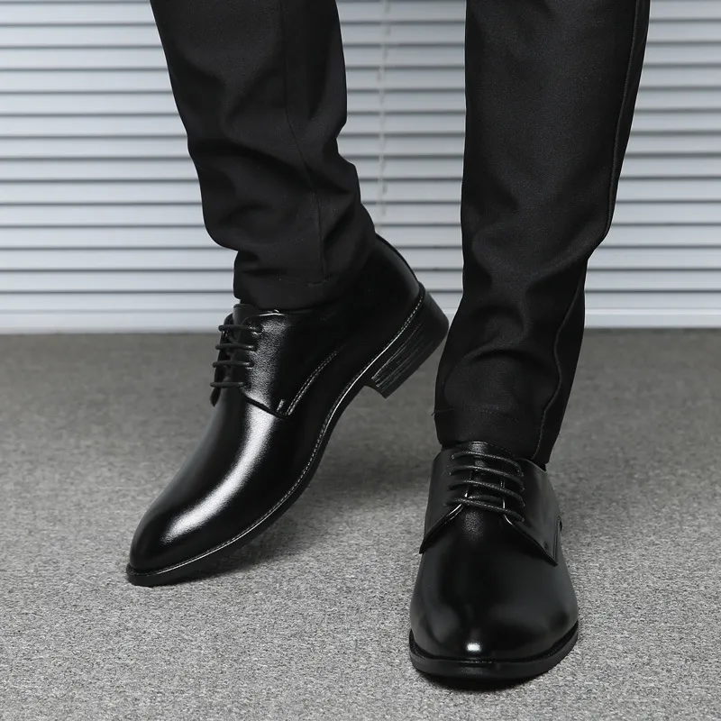 Men's Pointed Toe Leather Dress Shoes - Lace-Up Business Casual Footwear for All Seasons - Plus Size Available thumbnail 3