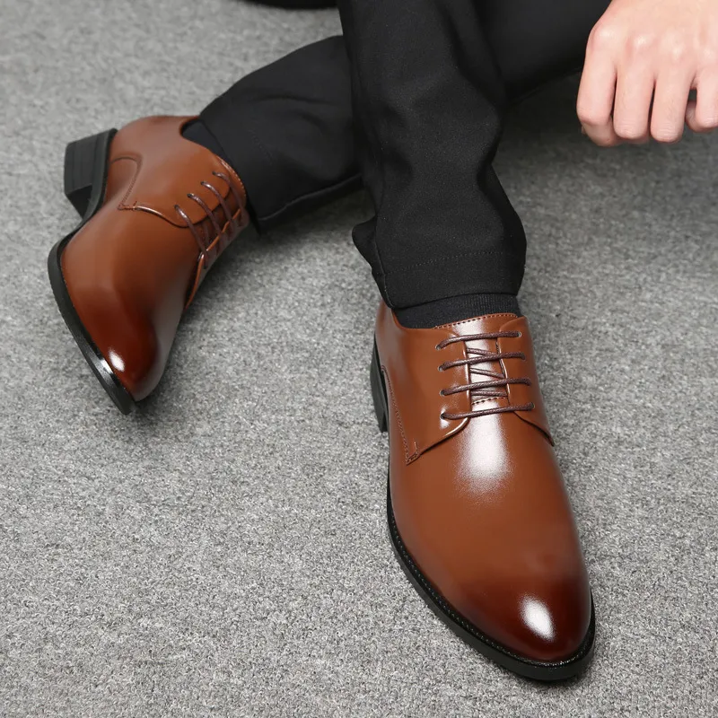 Men's Pointed Toe Leather Dress Shoes - Lace-Up Business Casual Footwear for All Seasons - Plus Size Available thumbnail 2