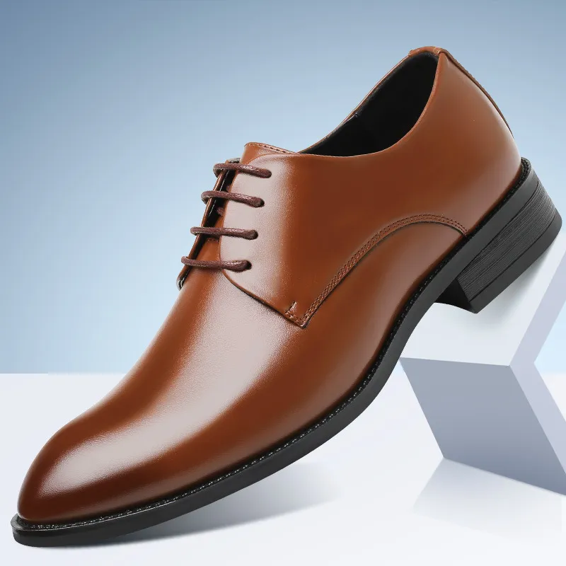 Men's Pointed Toe Leather Dress Shoes - Lace-Up Business Casual Footwear for All Seasons - Plus Size Available thumbnail 6