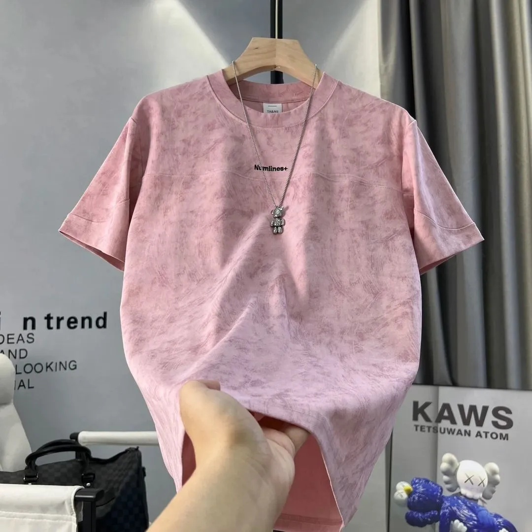 Men's Summer Short Sleeve T-Shirt - Trendy Tie-Dye Letter Print, High-End Casual Top for Youth - Lightweight Breathable Cotton Blend thumbnail 2