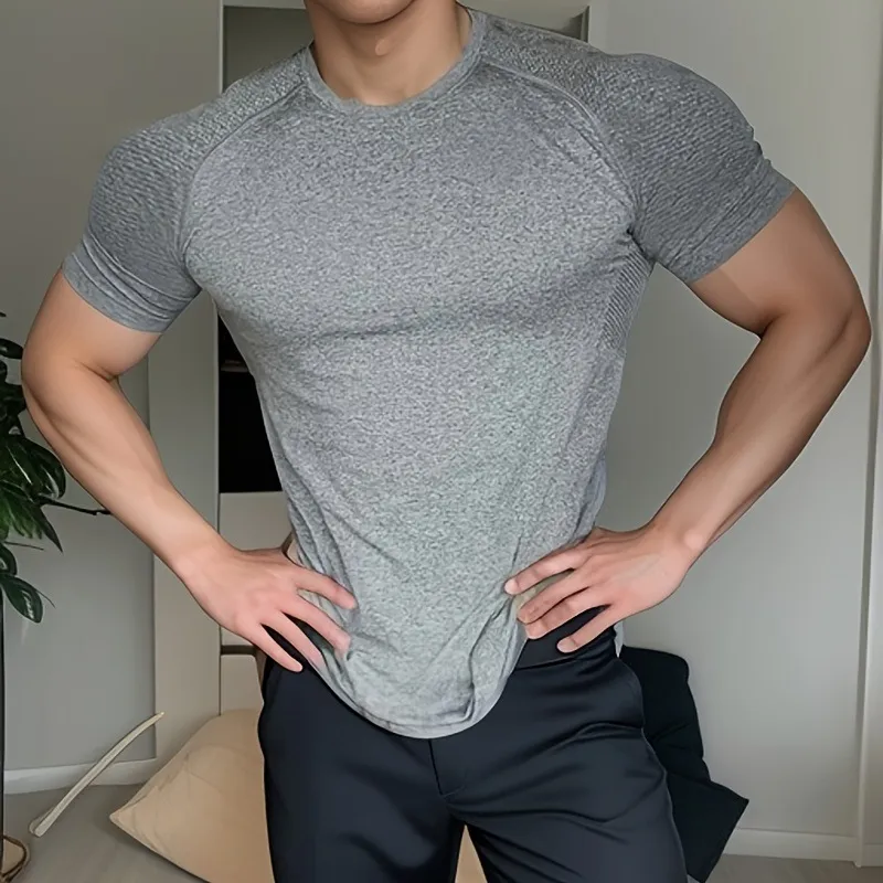 Men's Quick-Drying Compression T-Shirt - Short Sleeve Seamless Jacquard Crewneck Top for Running, Fitness, Gym, and Sports Training showcase 4