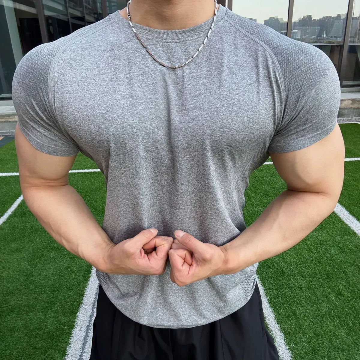 Men's Quick-Drying Compression T-Shirt - Short Sleeve Seamless Jacquard Crewneck Top for Running, Fitness, Gym, and Sports Training showcase 7