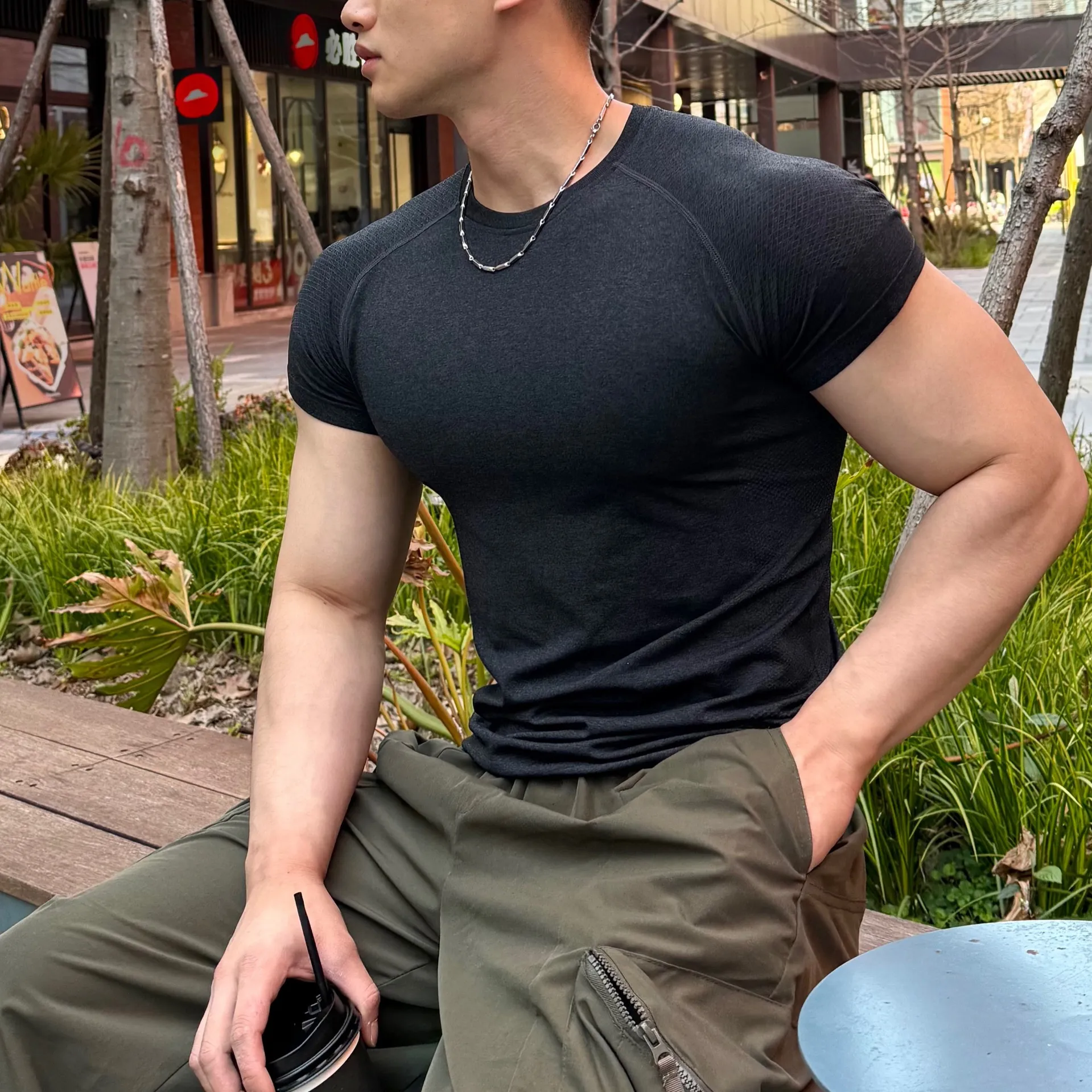 Men's Quick-Drying Compression T-Shirt - Short Sleeve Seamless Jacquard Crewneck Top for Running, Fitness, Gym, and Sports Training thumbnail 6