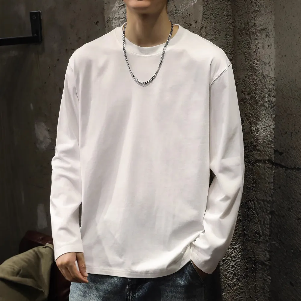 Men's Heavyweight Cotton Long Sleeve T-Shirt - 300g Black and White Crew Neck Casual Basic Tee for Spring/Autumn thumbnail 1
