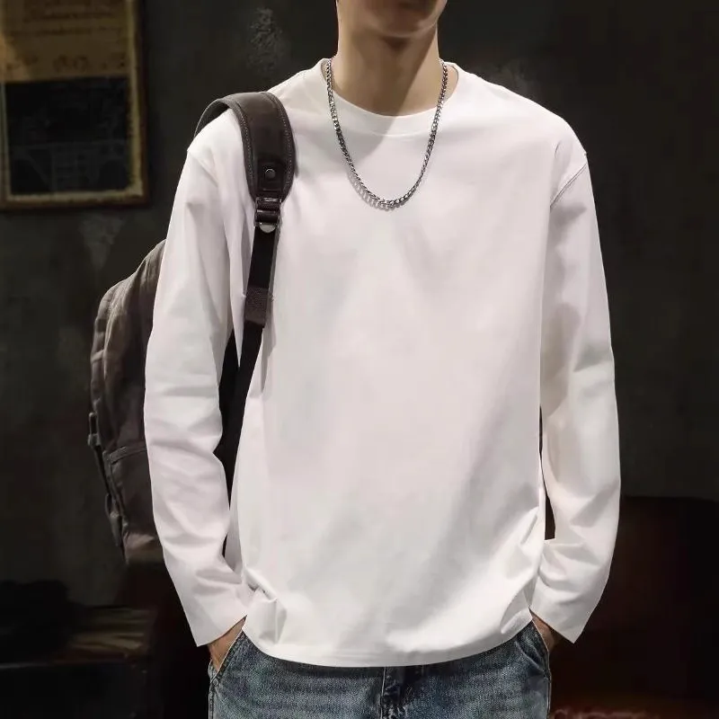 Men's Heavyweight Cotton Long Sleeve T-Shirt - 300g Black and White Crew Neck Casual Basic Tee for Spring/Autumn thumbnail 2