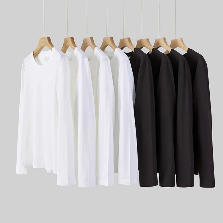 Men's Heavyweight Cotton Long Sleeve T-Shirt - 300g Black and White Crew Neck Casual Basic Tee for Spring/Autumn showcase 5