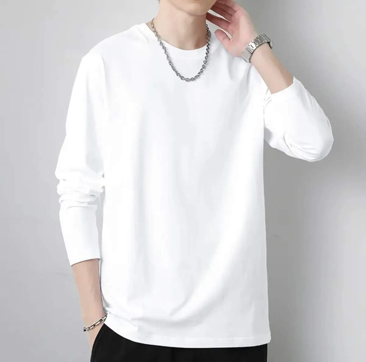 Men's Heavyweight Cotton Long Sleeve T-Shirt - 300g Black and White Crew Neck Casual Basic Tee for Spring/Autumn showcase 12