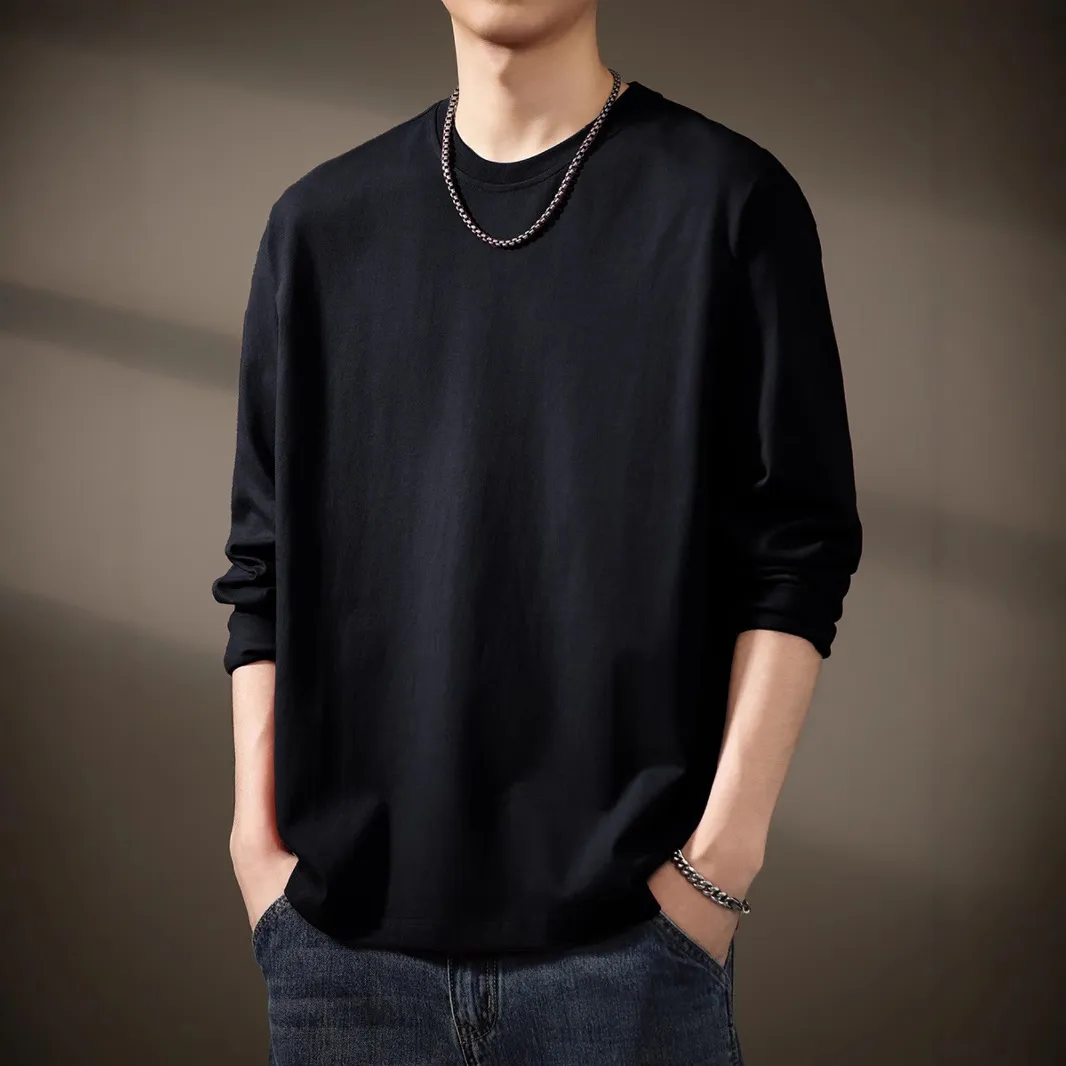 Men's Heavyweight Cotton Long Sleeve T-Shirt - 300g Black and White Crew Neck Casual Basic Tee for Spring/Autumn thumbnail 4