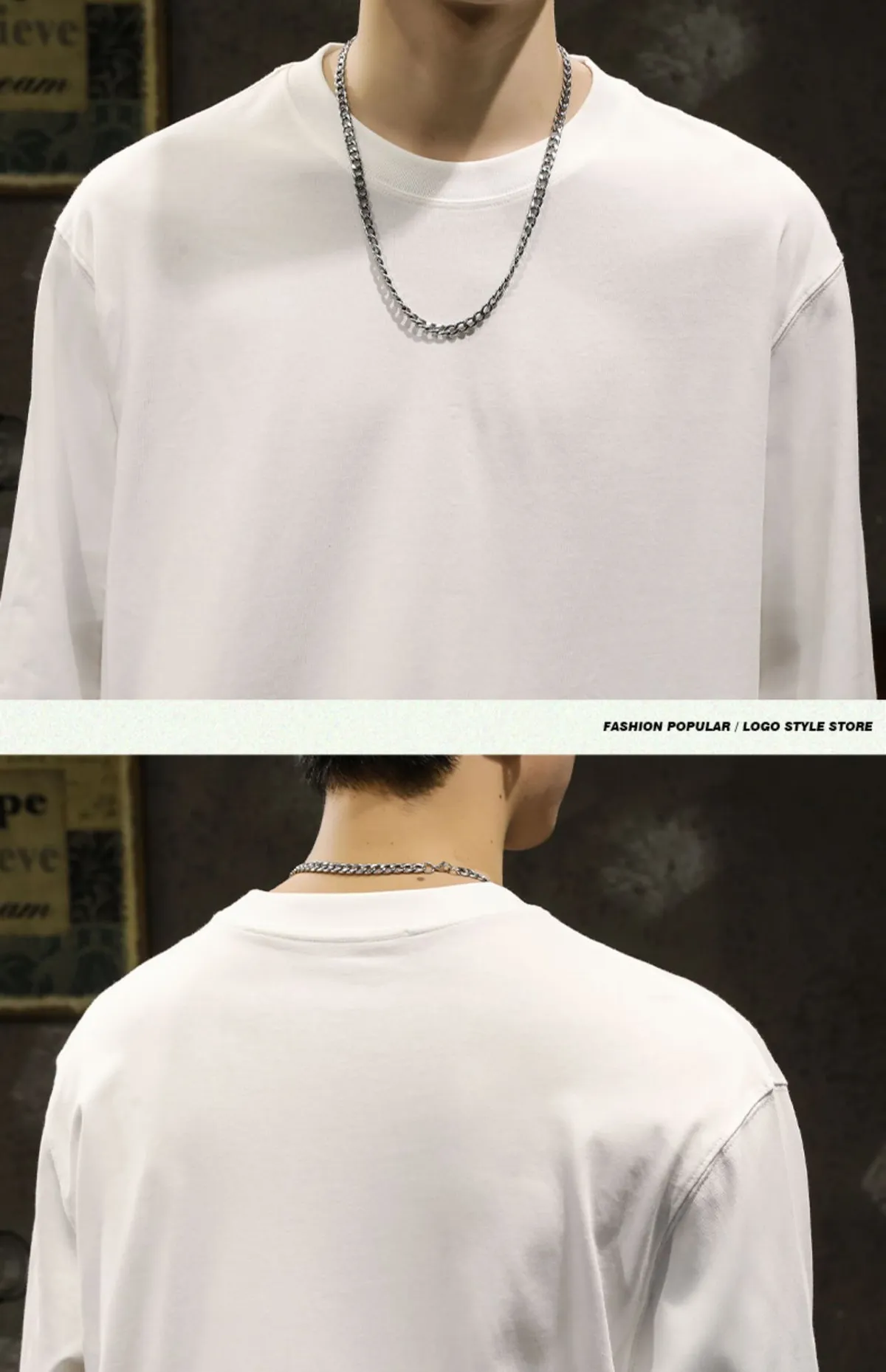 Men's Heavyweight Cotton Long Sleeve T-Shirt - 300g Black and White Crew Neck Casual Basic Tee for Spring/Autumn showcase 11