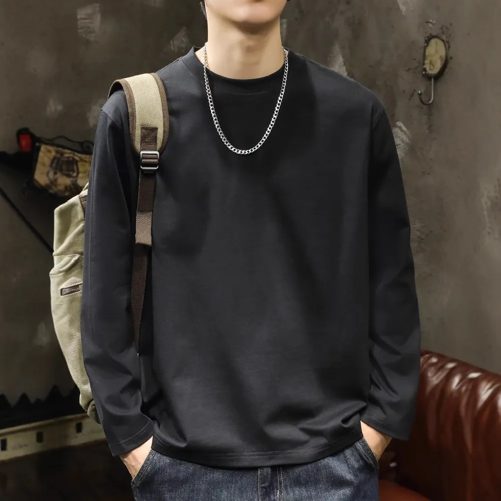 Men's Heavyweight Cotton Long Sleeve T-Shirt - 300g Black and White Crew Neck Casual Basic Tee for Spring/Autumn thumbnail 3