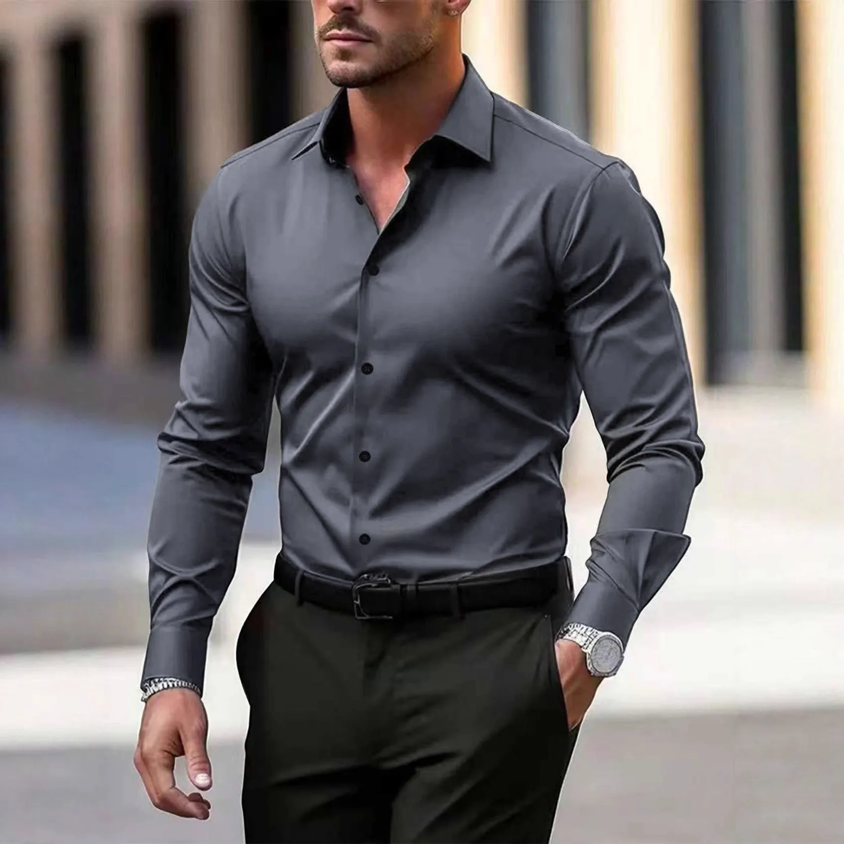 Men's Long Sleeve Dress Shirt Slim Fit Formal Business Casual Button Down Shirt Plus Size Workwear for Office Interview Wedding thumbnail 3