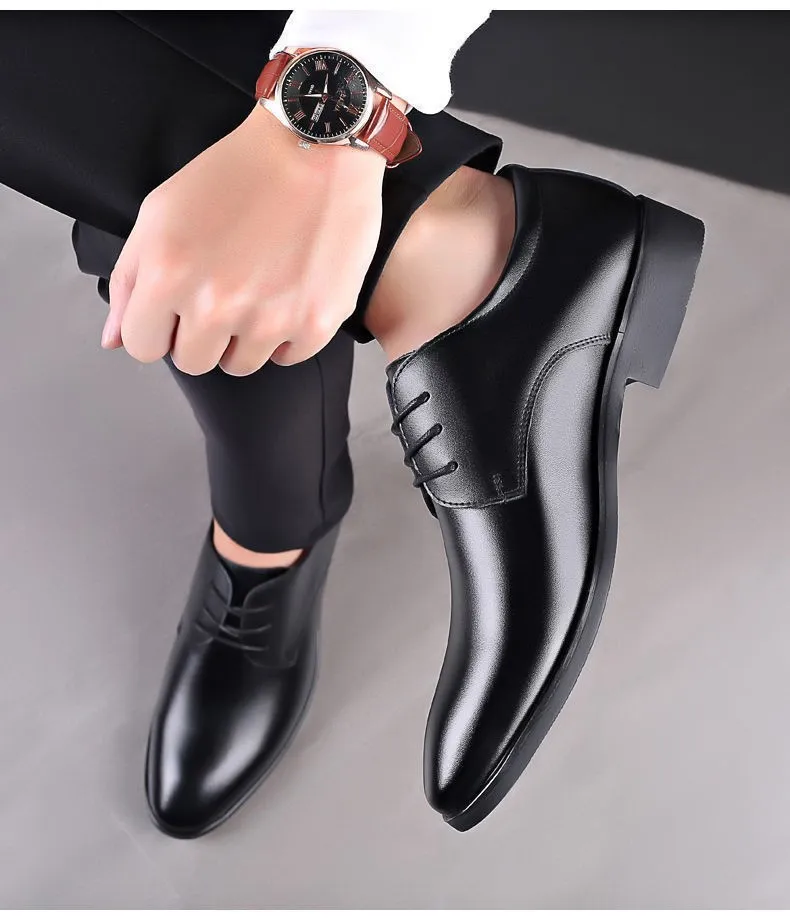 Men's Leather Dress Shoes - Autumn Winter Business Work Shoes - Round Toe, Soft Leather, Soft Sole - British Style Wedding Groom Shoes showcase 9