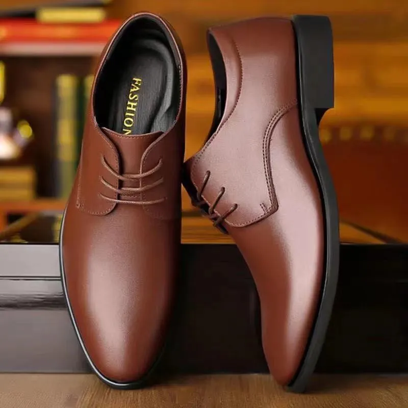 Men's Leather Dress Shoes - Autumn Winter Business Work Shoes - Round Toe, Soft Leather, Soft Sole - British Style Wedding Groom Shoes showcase 5
