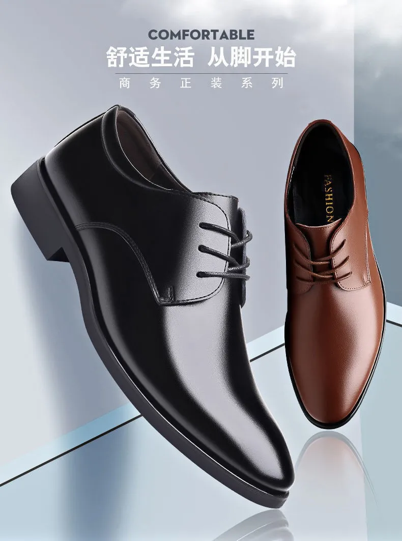Men's Leather Dress Shoes - Autumn Winter Business Work Shoes - Round Toe, Soft Leather, Soft Sole - British Style Wedding Groom Shoes showcase 7