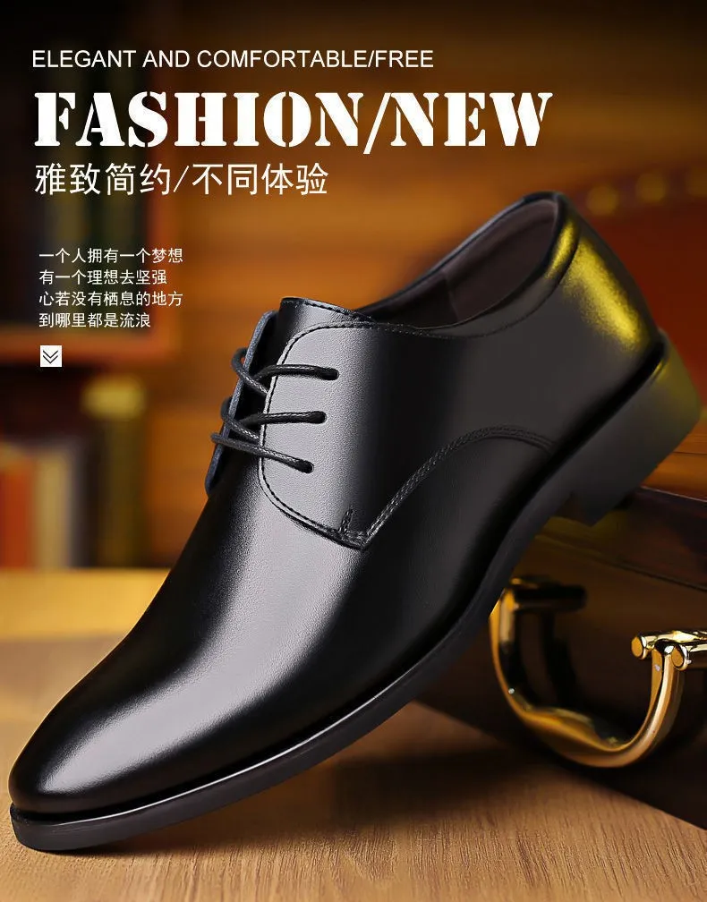 Men's Leather Dress Shoes - Autumn Winter Business Work Shoes - Round Toe, Soft Leather, Soft Sole - British Style Wedding Groom Shoes showcase 3