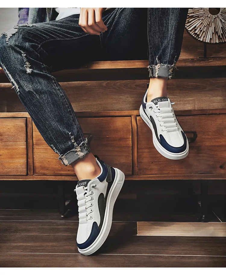 Men's White Leather Casual Shoes Trendy Korean Style Sneakers Plus Size 45 46 TikTok Inspired Four Seasons Fashion Comfortable Student Footwear showcase 13