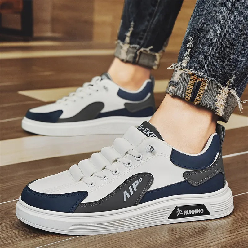 Men's White Leather Casual Shoes Trendy Korean Style Sneakers Plus Size 45 46 TikTok Inspired Four Seasons Fashion Comfortable Student Footwear thumbnail 4
