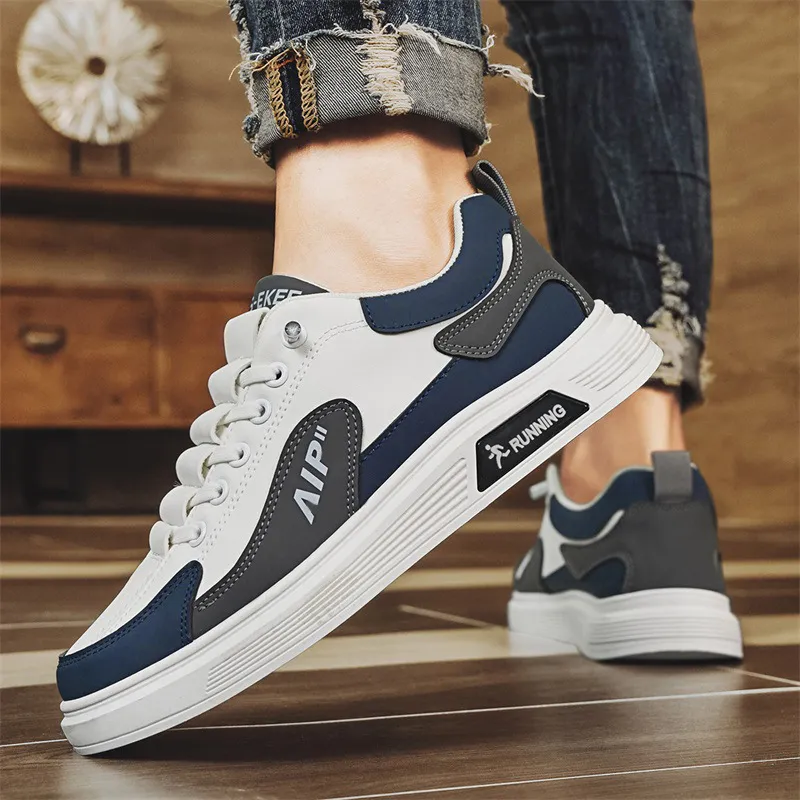 Men's White Leather Casual Shoes Trendy Korean Style Sneakers Plus Size 45 46 TikTok Inspired Four Seasons Fashion Comfortable Student Footwear thumbnail 3