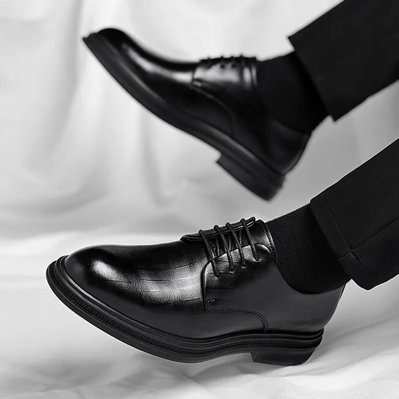 Men's Leather Dress Shoes - Formal Business Oxford Shoes, British Style, Height Increasing, Casual Suit, Groom Wedding Shoes, Large Size thumbnail 1