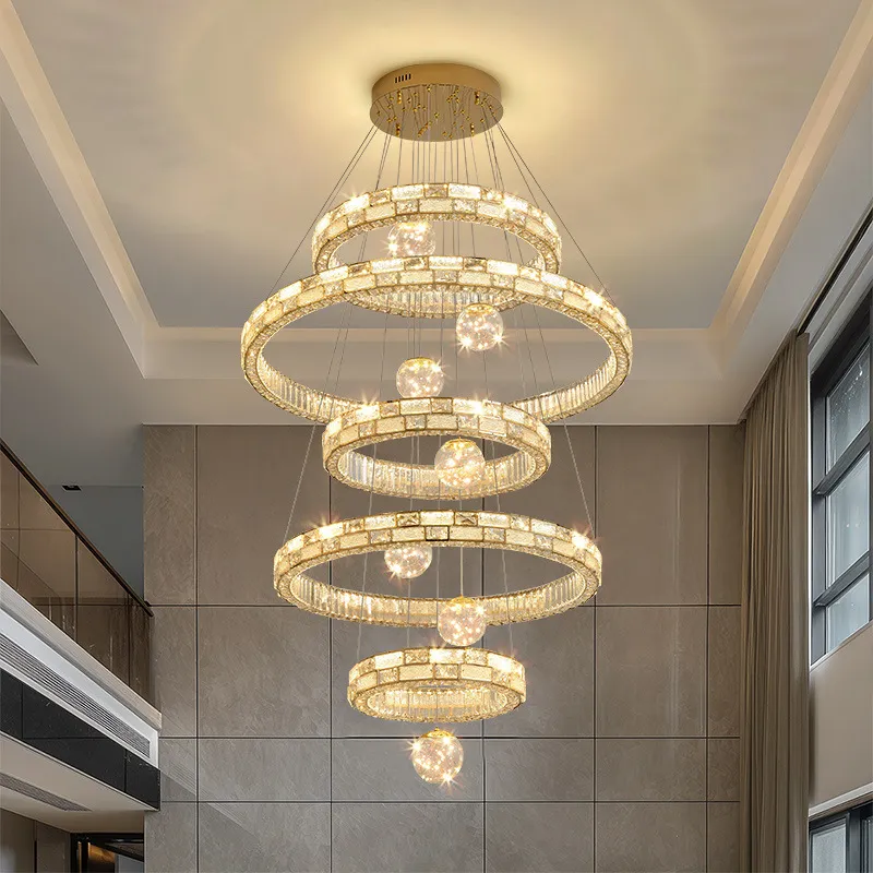 Crystal Chandelier for High Ceiling Villa Living Room - Elegant Luxury Spiral Staircase Lighting Fixture - Large Duplex Lamp thumbnail 5