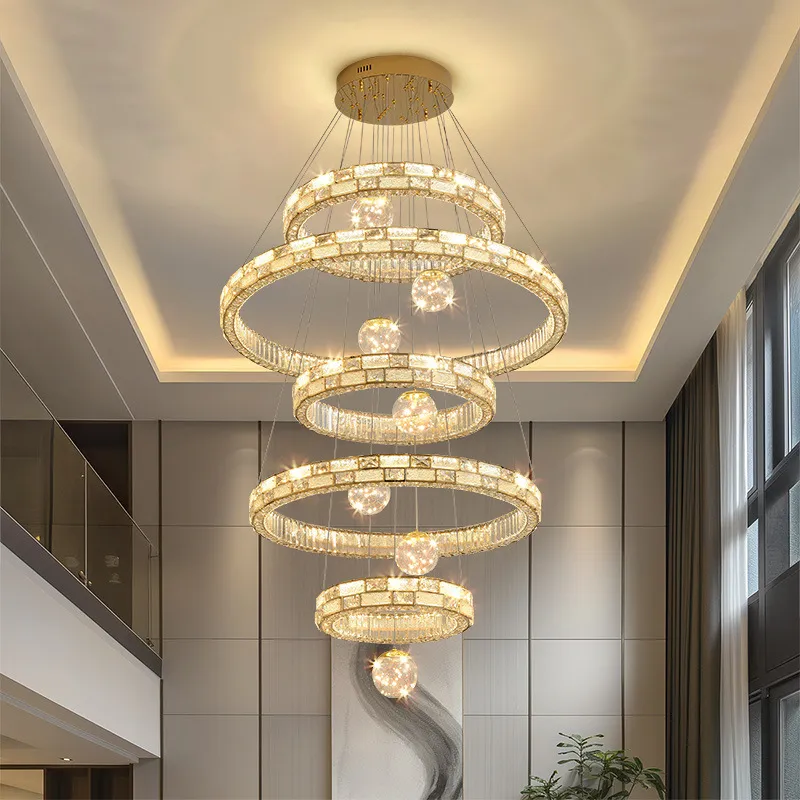 Crystal Chandelier for High Ceiling Villa Living Room - Elegant Luxury Spiral Staircase Lighting Fixture - Large Duplex Lamp thumbnail 2