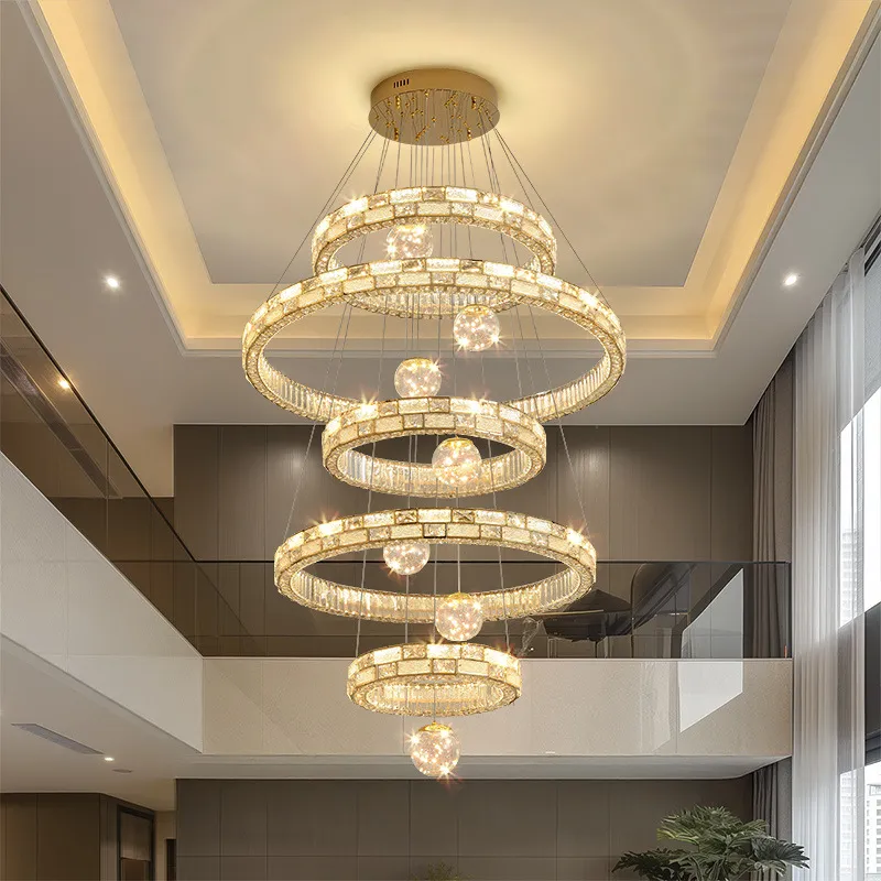 Crystal Chandelier for High Ceiling Villa Living Room - Elegant Luxury Spiral Staircase Lighting Fixture - Large Duplex Lamp thumbnail 4