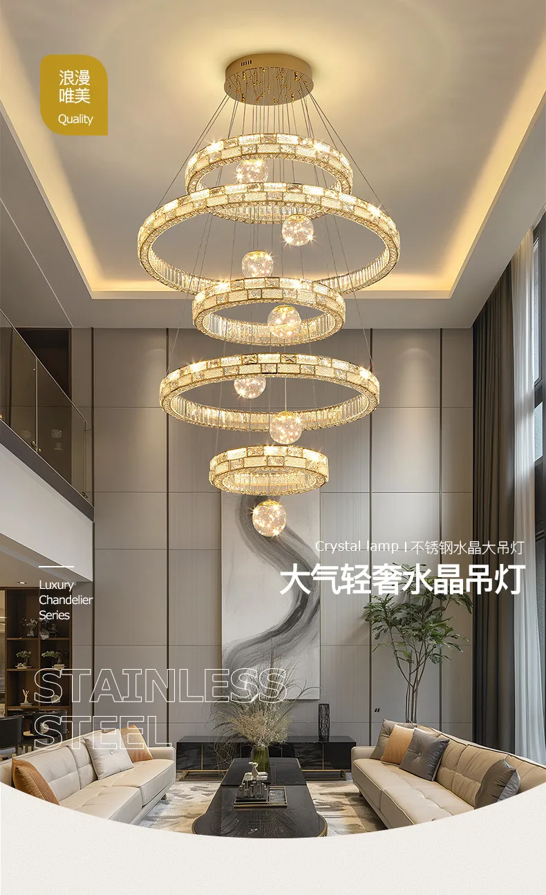 Crystal Chandelier for High Ceiling Villa Living Room - Elegant Luxury Spiral Staircase Lighting Fixture - Large Duplex Lamp showcase 1