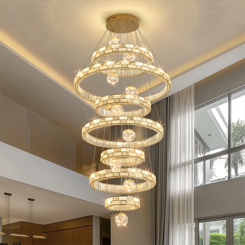 Crystal Chandelier for High Ceiling Villa Living Room - Elegant Luxury Spiral Staircase Lighting Fixture - Large Duplex Lamp thumbnail 3