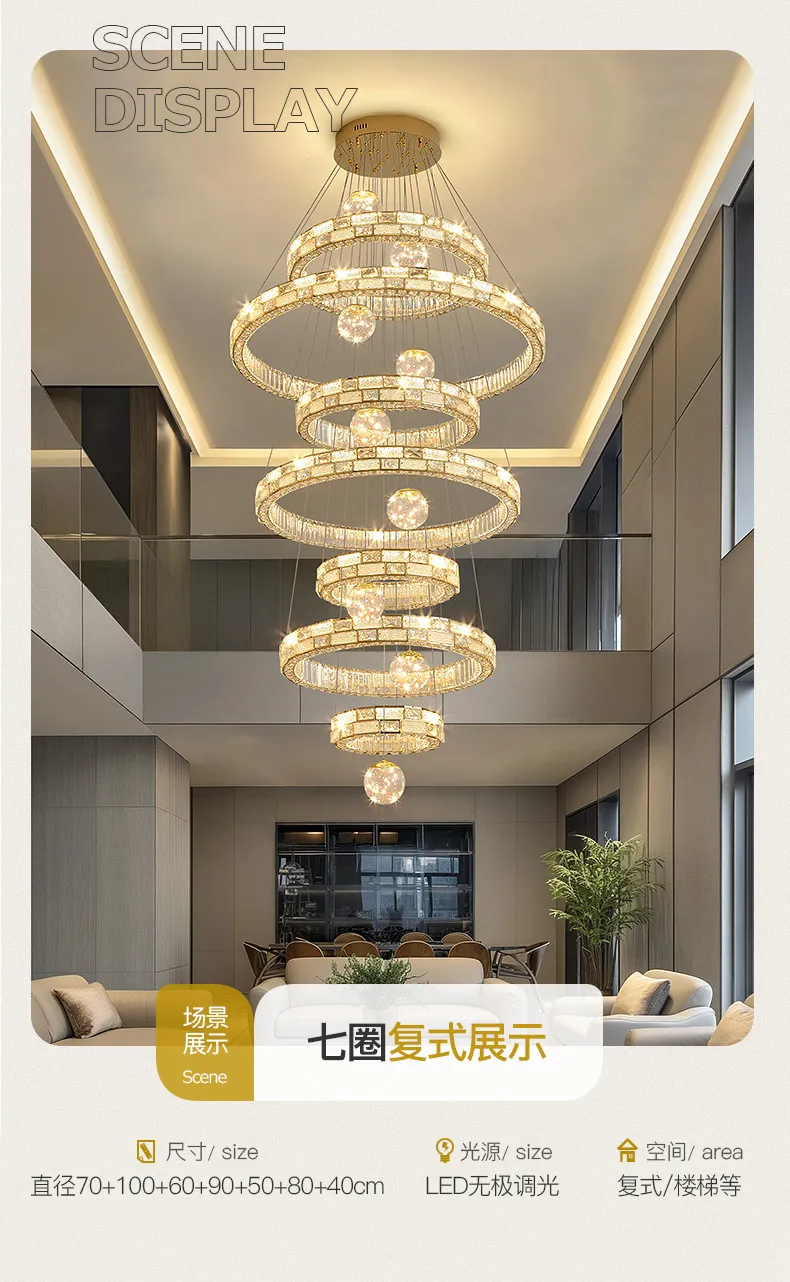 Crystal Chandelier for High Ceiling Villa Living Room - Elegant Luxury Spiral Staircase Lighting Fixture - Large Duplex Lamp showcase 7